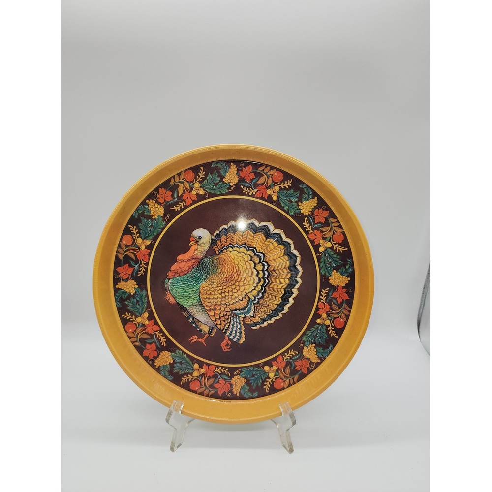 Vintage Thanksgiving Turkey Metal Serving Tray Round Tin Fall Harvest Decor 13"